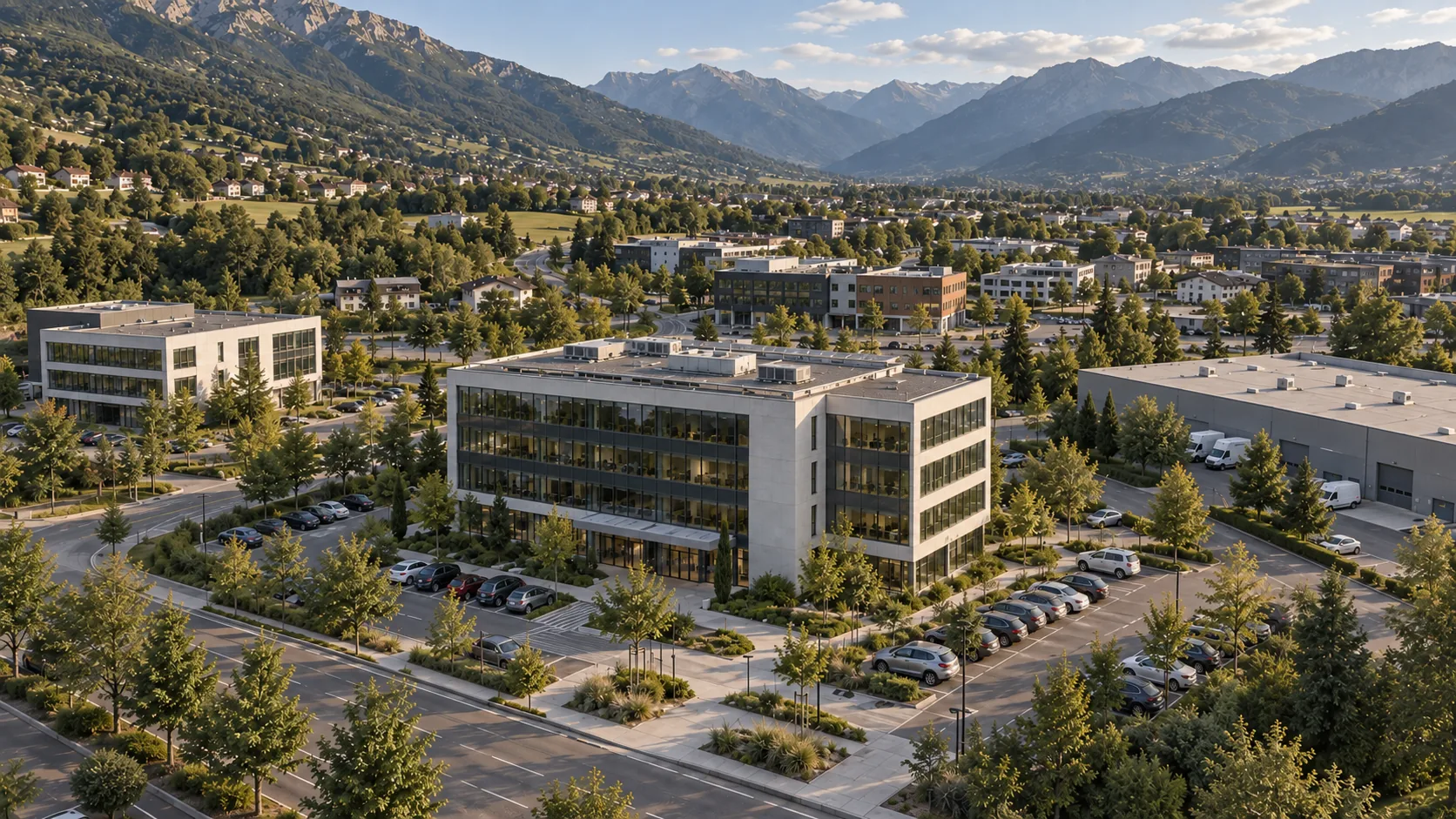 Vue aérienne d’un parc d’activités avec immeubles de bureaux, espaces paysagers et montagnes en arrière-plan.