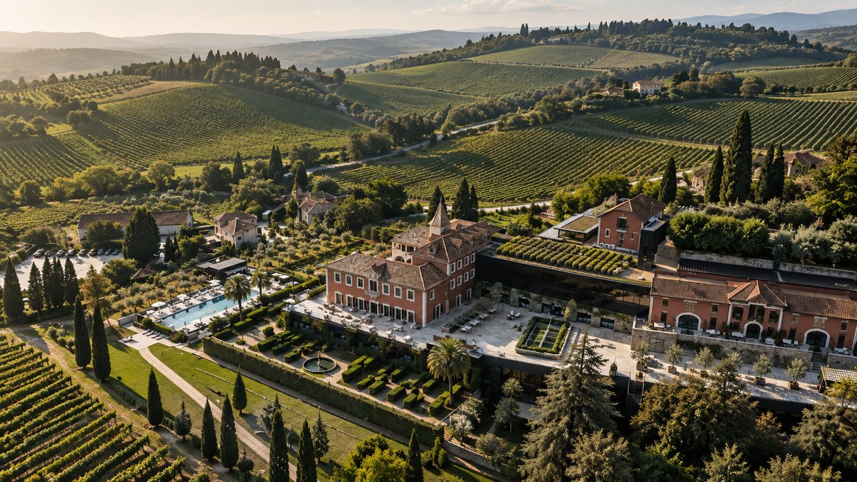 Vue aérienne d’un domaine avec bâtiments hôteliers, piscine, jardins et vignobles.