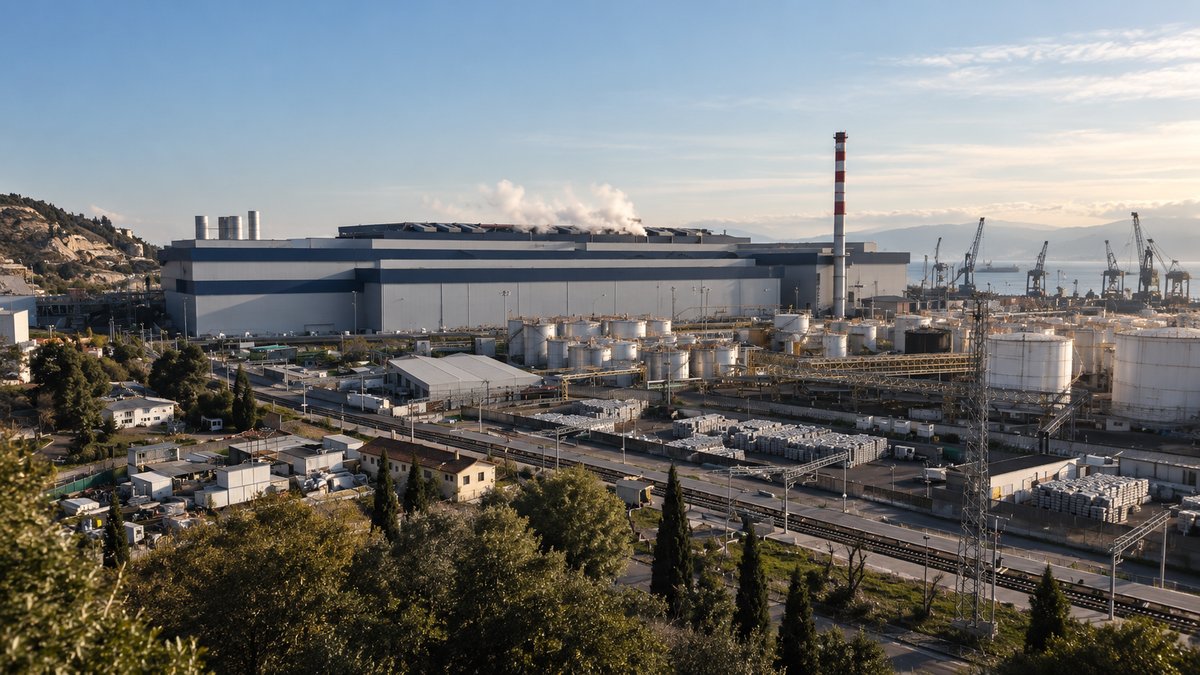 Vue d’un site industriel avec bâtiments de production, réservoirs et installations portuaires.