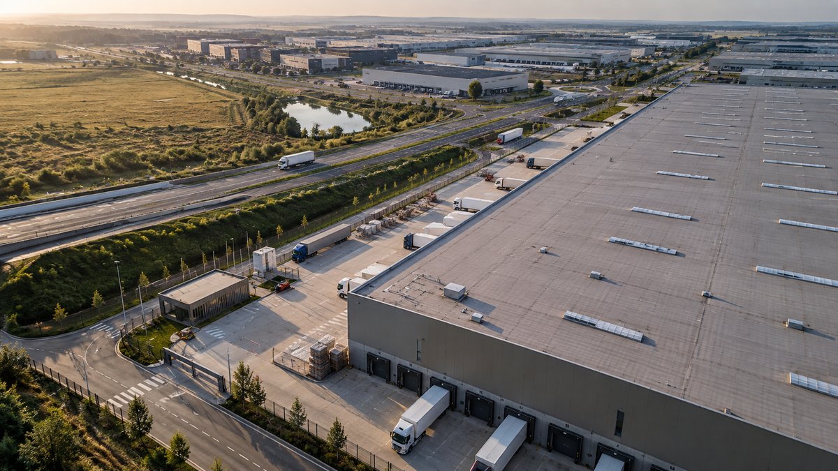 Vue aérienne d’un entrepôt logistique avec quais de chargement et poids lourds.
