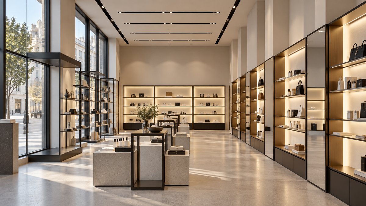 Intérieur d’une boutique lumineuse avec vitrines, présentoirs et étagères éclairées.