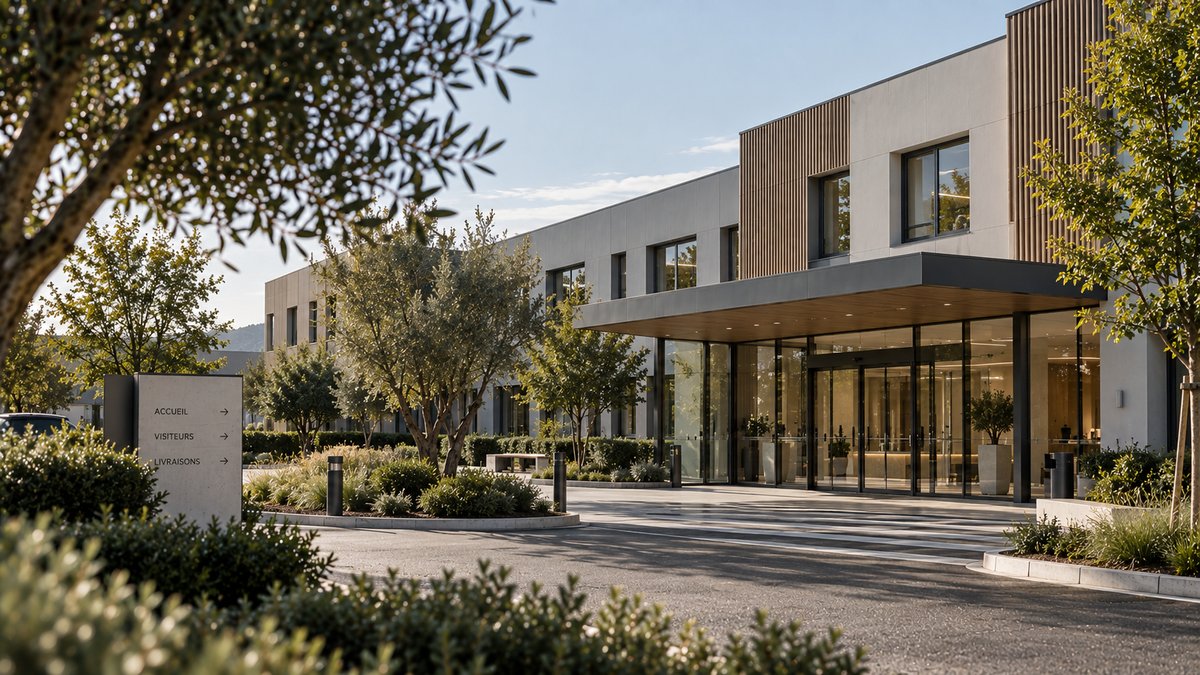 Entrée vitrée d’un établissement contemporain entouré d’arbres et d’espaces paysagers.