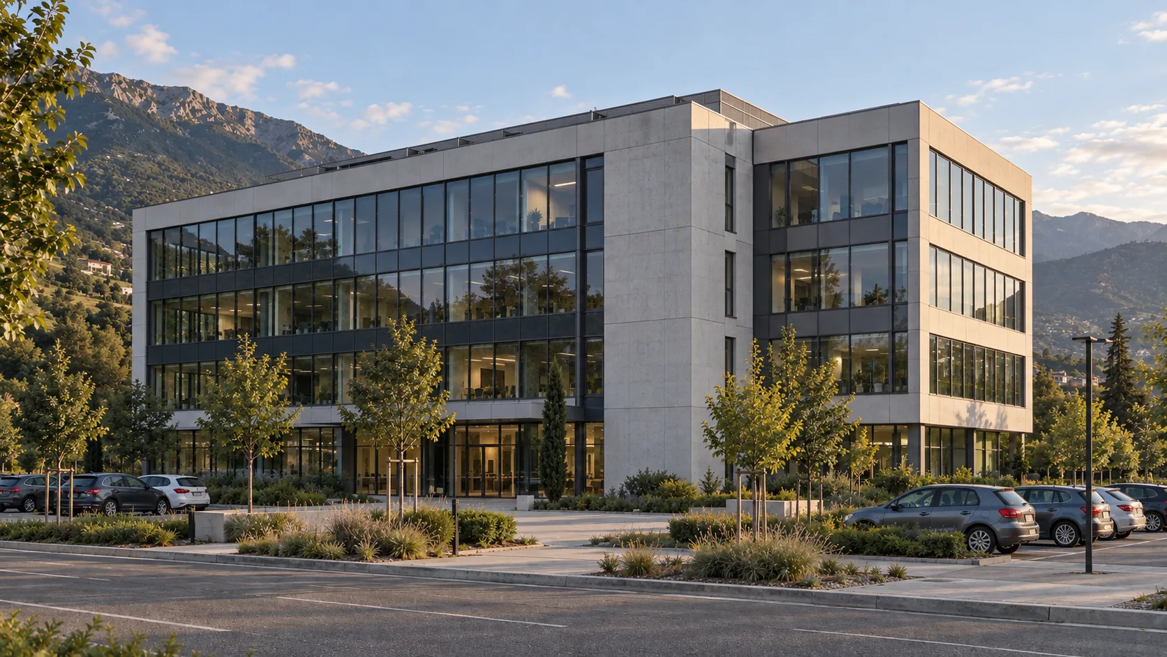 Immeuble de bureaux contemporain aux façades vitrées, dans un environnement paysager au pied des montagnes.